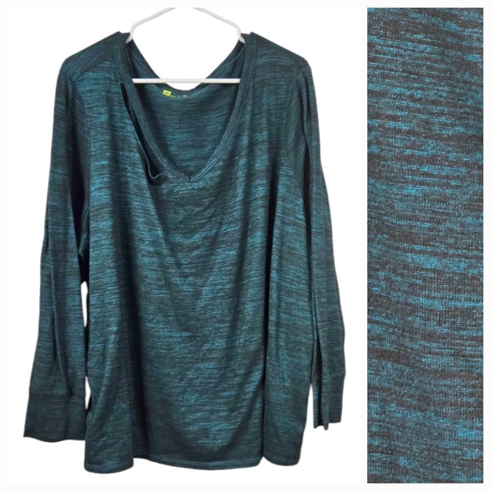 Xersion Teal Green Cutout V-Neck Sweater Women’s 3X Long Sleeve Cozy Knit Top